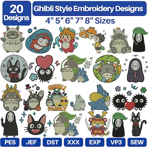 Könnte beinhalten: Eine digitale Sammlung von 20 Stickmustern im Ghibli-Stil in den Größen 4, 5, 6, 7 und 8 Zoll. Das Bild zeigt verschiedene animierte Charaktere, darunter Waldgeister, eine schwarze Katze und Rußmännchen, mit den Dateiformaten PES, JEF, DST, XXX, EXP, VP3 und SEW.