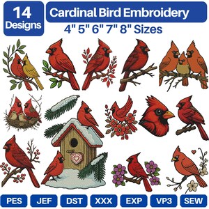 May include: A digital collection of 14 cardinal bird embroidery designs in 4, 5, 6, 7, and 8 inch sizes. The set includes various illustrations of red cardinals on branches, in nests, and near a birdhouse, compatible with PES, JEF, DST, XXX, EXP, VP3, and SEW.
