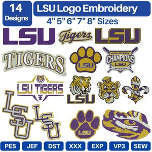 LSU Tigers logotyp broderidesign, maskinbroderifil, direkt nedladdning, tigerbroderidesign maskot, maskinbroderifil nedladdning
