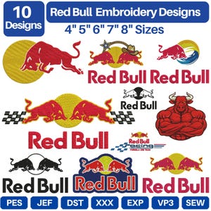 Könnte beinhalten: Eine Sammlung von 10 Red Bull Stickmustern in den Größen 4, 5, 6, 7 und 8 Zoll. Die digitalen Designs zeigen rote Stiere, gelbe Kreise, Zielflaggen und den Red Bull Schriftzug in verschiedenen Stilen, inklusive einer muskulösen Stierfigur.