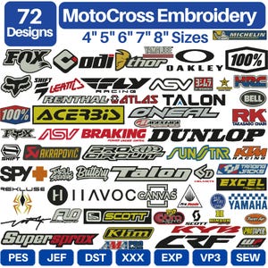 Puede incluir: Una colección de 72 diseños de bordado de motocross con varios logotipos de marcas y textos en negro, blanco, rojo, amarillo y azul. La imagen muestra tamaños de 4, 5, 6, 7 y 8 pulgadas, junto con formatos de archivo PES, JEF, DST, XXX, EXP, VP3 y SEW.