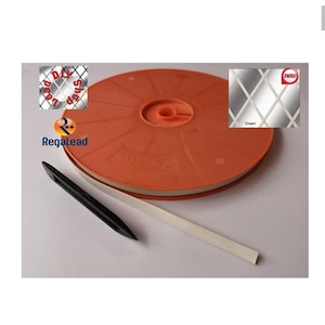 May include: A round orange spool containing a cream-coloured adhesive lead strip for window decoration, accompanied by a black plastic application tool. The RegaLead brand logo is visible, along with a small inset image showing a diamond pattern.