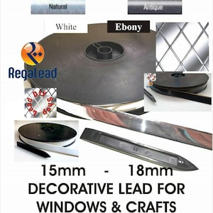 May include: A spool of adhesive lead strip for windows and crafts, available in natural, antique, white, and ebony finishes. The set includes a black application tool. Text on the image reads 15mm - 18mm DECORATIVE LEAD FOR WINDOWS & CRAFTS.