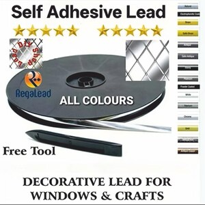 May include: Self-adhesive lead strip on a black spool with a black application tool. The image features the text Self Adhesive Lead, RegaLead, ALL COLOURS, and Free Tool. A colour chart on the right displays various metallic and solid finishes.