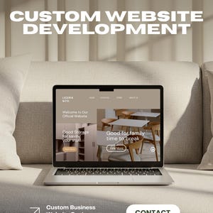 May include: A laptop displaying a website for Liceria & Co. with the text Custom Website Development and VibeVellaArt at the top. The screen shows sections for storage and family time with View More buttons and a Contact button below.