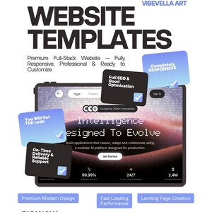 Pode incluir: Um anúncio digital de modelos de site da VIBEVELLA ART com um tablet exibindo uma página de destino com o texto Intelligence Designed To Evolve. Caixas flutuantes destacam recursos como Full SEO, Completely Responsive e On-Time Delivery.