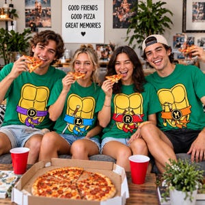 May include: Four green t-shirts featuring a yellow turtle shell graphic with coloured belts and letters D, L, R, and M. Each shirt displays a unique weapon tucked into the belt. The shirts are worn by four individuals eating pizza.