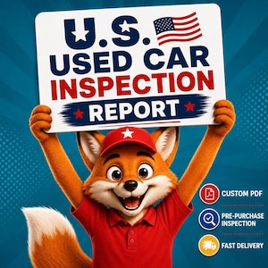 May include: A cartoon fox wearing a red polo shirt and cap holds a white sign that reads U.S. USED CAR INSPECTION REPORT with a small American flag. Three circular icons on the right display text for CUSTOM PDF, PRE-PURCHASE INSPECTION, and FAST DELIVERY.