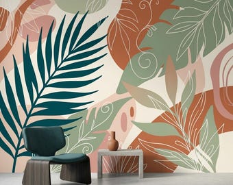 Abstract Botanical Wallpaper, Earthy Sage Green, Boho Accent Wall Mural (Peel & Stick)