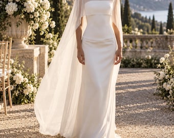 Brautcape aus elfenbeinfarbenem Chiffon, transparenter, hochgeschlossener Hochzeitsschal für Strand- und Destination-Hochzeiten