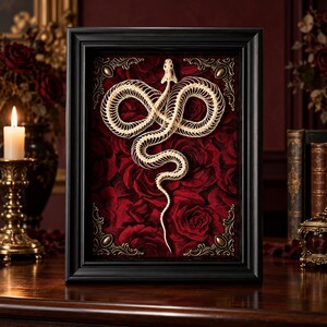 Real Snake Skeleton Frame with Red Roses, Gothic Shadow Box, Genuine Bone Specimen, Cabinet of Curiosities Decor