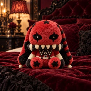 May include: A plush toy featuring a red and black colour scheme with long ears, black star patterns on the head and feet, and a wide mouth with prominent white teeth. The figure wears a collar with white X markings and has black eye patches.