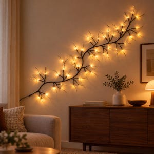 Puede incluir: Una decoración de pared con forma de rama iluminada, que presenta una estructura oscura y delgada adornada con numerosas luces LED pequeñas de tonos cálidos que emiten una iluminación suave y brillante en disposición diagonal.