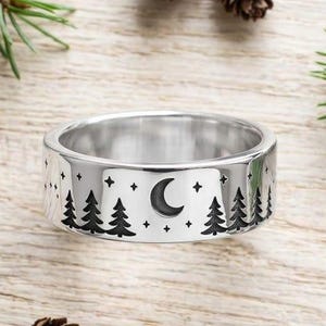 Alliance Croissant de Lune Forêt, Bague Montagne en Or Blanc, Bague Nuit Étoilée en Pin Oxydé, Bague Mariage Céleste en Plein Air.