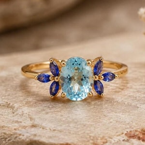 Oval Aquamarine Engagement Ring, White Gold Blue Sapphire Cluster Ring, Botanical Leaf Accent Ring, Vintage Alternative Bridal.