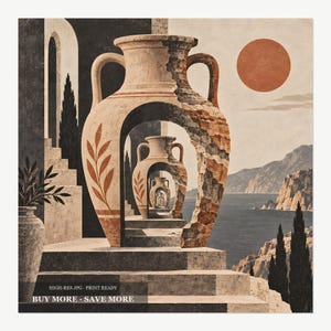 May include: A digital illustration featuring a series of nested, weathered amphora vases on stone steps overlooking a coastal landscape with a large orange sun. The vases display a leaf motif and textured, crumbling surfaces in shades of beige and brown.