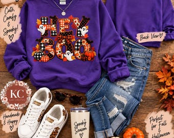 Sudadera de Halloween "Hey Boo", cuello redondo con estampado de fantasma y calabaza con bordado falso, camiseta de otoño para Halloween.