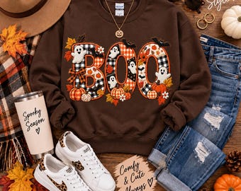Sudadera BOO de Halloween, cuello redondo con estampado de fantasma y calabaza con bordado falso, camisa de patchwork para Halloween de otoño.