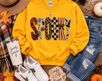 Sudadera espeluznante de Halloween, cuello redondo DTF con bordado falso, camisa de otoño a cuadros con estampado de fantasmas y leopardo.