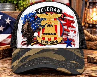 Gorra de veterano del 250 aniversario de EE. UU. (1776-2026), gorra de camionero patriótica, gorra de camuflaje con la bandera estadounidense, regalo para veteranos militares, gorra de los 250 años de EE. UU.