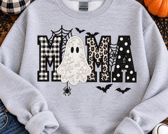 Sudadera de Halloween para mamá, sudadera con bordado de fantasmas de imitación, camiseta de Halloween para mamá, sudadera linda de otoño, sudadera de cuello redondo para mamá espeluznante.