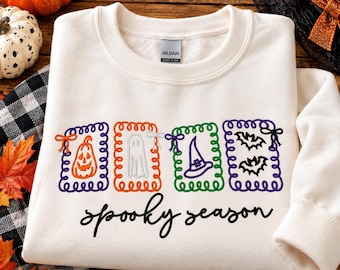 Sudadera bordada de la temporada de Halloween, cuello redondo de Halloween, calabaza, fantasma, sombrero de bruja y murciélagos, linda sudadera de Halloween, camiseta de otoño