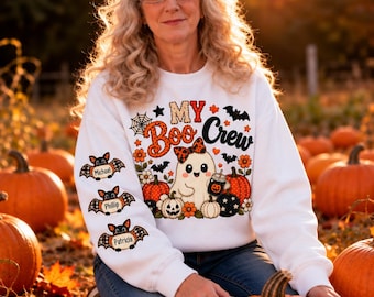 Sudadera personalizada de Halloween My Boo Crew, mangas de murciélago, suéter de otoño de fantasma