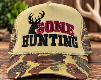 Gorra de camionero bordada "Gone Hunting", gorra de caza de camuflaje, gorra de ciervo, regalo para cazadores al aire libre, gorra snapback de camuflaje
