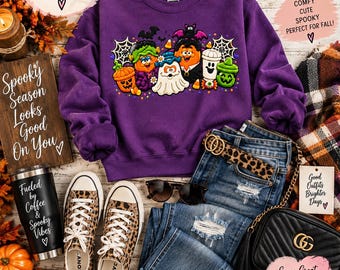 Sudadera de cuello redondo con estampado de Halloween, diseño de calabaza y fantasma con bordado falso, ideal para fiestas de otoño.