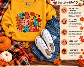 Sudadera "It's Fall Y'all DTF", cuello redondo colorido de otoño, regalo para el campo de calabazas