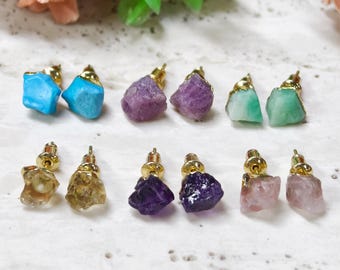 Unique Raw Gemstone Stud Earrings for Women, 18k Gold Amethyst Earrings, Turquoise Emerald Earrings, Citrine Crystal Jewelry, Gift for Her