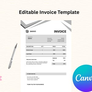 Może przedstawiać: Edytowalny szablon faktury z czarno-białym układem i tekstem Editable Invoice Template u góry. Dokument zawiera sekcje dotyczące rozliczeń, opisów pozycji, ilości, cen, sum oraz metod płatności dla wystawianych dokumentów.
