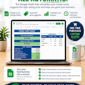Può includere: Una grafica di marketing digitale per Food Cost Easy, uno strumento Google Sheets per calcolare i costi delle ricette e i margini di profitto. L'immagine mostra lo schermo di un portatile con un foglio di calcolo e testo descrittivo.