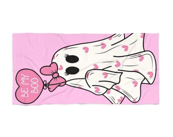 Be My Boo ghost with hearts Beach Towel | pink spooky valentine