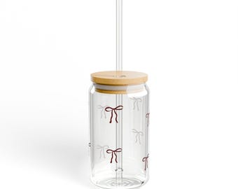 Hand Tied Bows Sipper Glass, 16oz | Clear Jar Tumbler with Straw