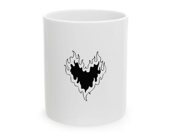 Flaming Heart Outline Mug | Black Flame Heart Ceramic Mug