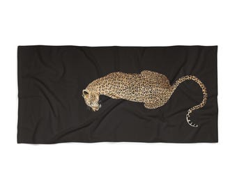 Leopard Illustration Beach Towel | Safari Animal Print, Black Background
