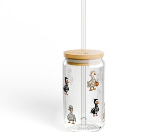 Cute Puffin Birds Sipper Glass 16oz | Bamboo Lid Straw