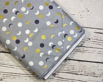 Orbit Moons Gold and Silver in Gray for Windham Fabrics, Sold in 1/2 yard increments, Fabric by the Yard