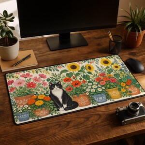May include: A rectangular desk mat featuring a black and white tuxedo cat sitting among various potted flowers, including sunflowers, poppies, and daisies. The design displays a vibrant garden scene with colourful ceramic pots on a light background.