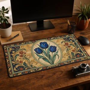 Blue Tulip Desk Mat: Ornate Vintage Floral Mouse Pad, Renaissance Botanical Keyboard Mat
