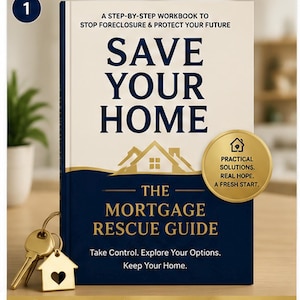 以下が含まれることがあります： SAVE YOUR HOME THE MORTGAGE RESCUE GUIDEというタイトルのワークブックで、家の形をした金色のキーホルダーと鍵が付いています。表紙にはA STEP-BY-STEP WORKBOOK TO STOP FORECLOSURE & PROTECT YOUR FUTUREやYOU HAVE OPTIONS. THERE IS HOPE.といったテキストが記載されています。