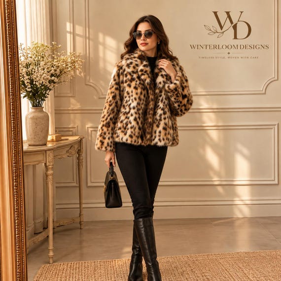 Women's Faux Fur Jacket, Leopard Print Winter Coat, Cozy Warm Outerwear, Statement Layering Piece