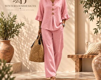 Puede incluir: Un conjunto de dos piezas en color rosa empolvado que consta de una blusa con cuello en V, tres botones de madera y mangas con volantes hasta el codo, junto con pantalones anchos a juego. La blusa tiene un pliegue vertical central.