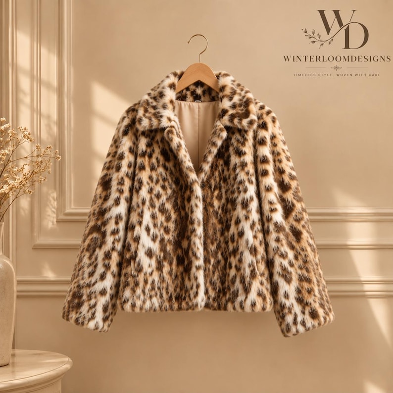 Women’s polyester faux fur jacket with a leopard-inspired printed pattern, cozy plush texture, long sleeves, and a warm winter design