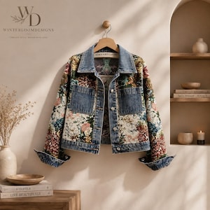 May include: A denim jacket featuring a multi-colored floral tapestry pattern on the sleeves and back panels, with solid blue denim chest pockets, collar, and cuffs. The jacket has a button-front closure and a label reading Bernard Lafond inside.