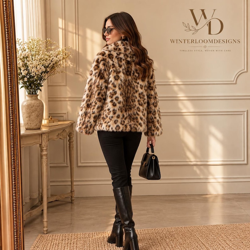 Women’s polyester faux fur jacket with a leopard-inspired printed pattern, cozy plush texture, long sleeves, and a warm winter design