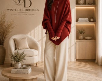 Puede incluir: Un suéter de manga larga color rojo intenso con cuello barco y mangas murciélago, combinado con pantalones anchos de color crema. El suéter presenta un collar largo con colgante dorado. El logotipo WD WINTERLOOMDESIGNS es visible arriba a la izquierda.