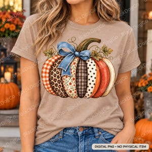 Peut inclure: Un t-shirt à manches courtes beige avec un grand motif de citrouille composé de segments aux motifs variés, incluant du tartan, des taches de léopard, des fleurs et des pois. Un ruban bleu est noué autour de la tige de la citrouille.