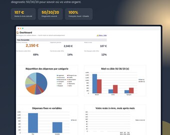 Monthly budget planner in French: disposable income and the 50/30/20 rule, Excel and Sheets